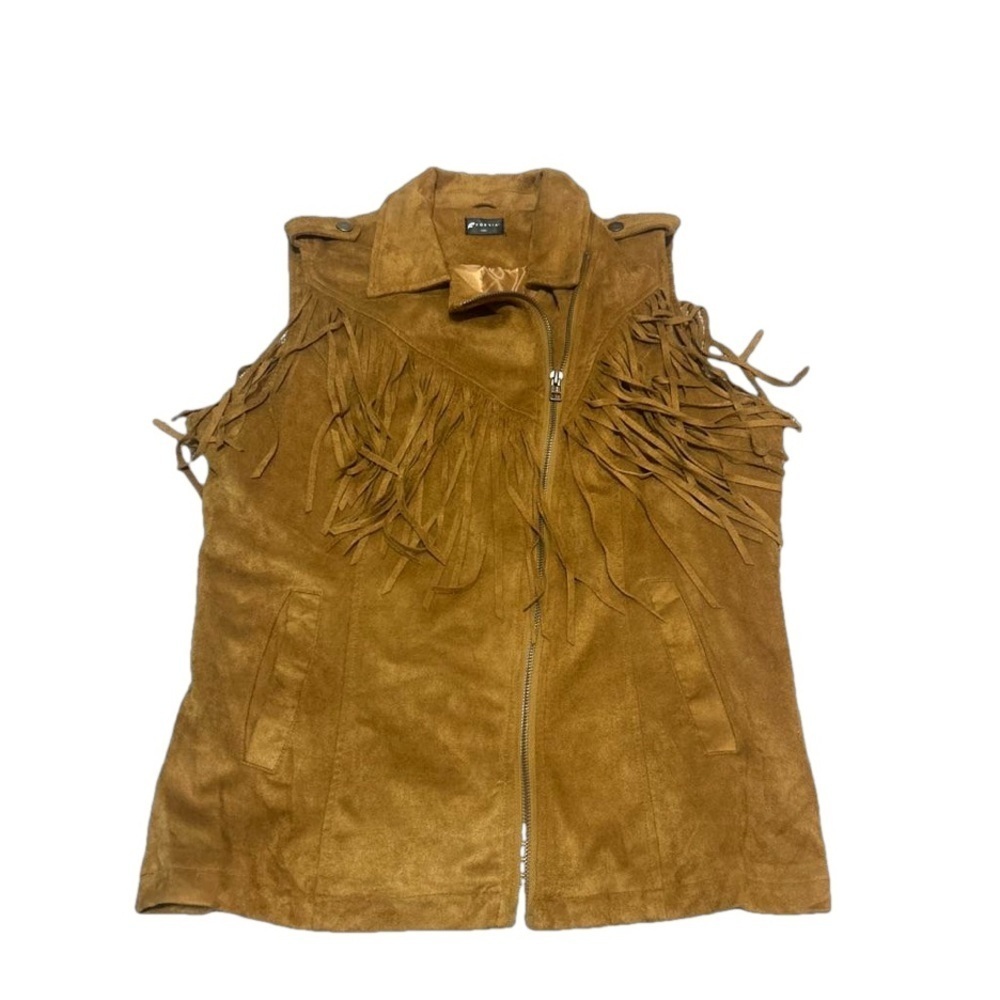 Fornia Faux Suede Brown Fringe Zip Up Vest Country Cowgirl Size Large